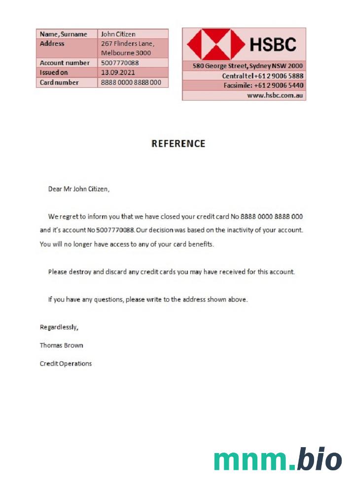 Przykład odniesienia zamknięcia HSBC w Australii w formatach Word i PDF